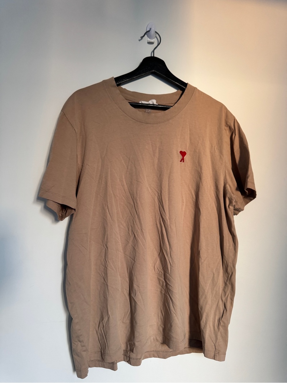 Ami Alexandre Mattiussi Tan Crewneck T-Shirt with Red Heart Logo
